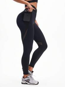 SHEIN Rhythm Era Leggings esportivas femininas premium pretas com patchwork de malha - Preto - Ver 8