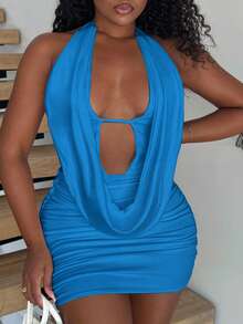 Alexandranx Women's Solid Ruched Draped Neck Backless Mini Dress, Women Dresses Women Summer Dresses Women Blue Dress Women Formal Dress Women Short Dresses - Blue - View 5