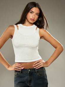 MISSGUIDED 双层无袖露脐高领背心，修身叠穿，现代简约必备露脐背心，春夏休闲日常穿着 - 灰色 - 查看 4