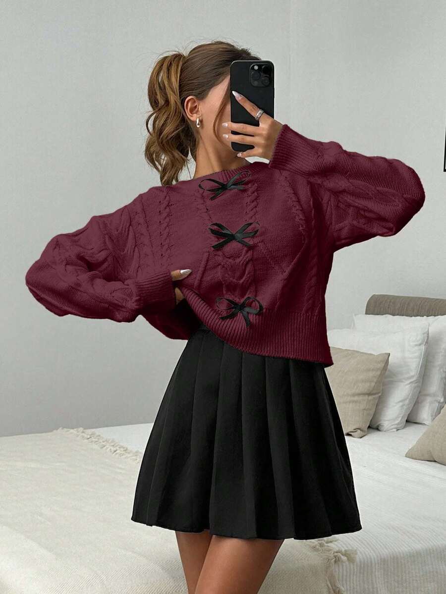 Casual Braided Bow Knit Long Sleeve Pullover Sweater,Jumper,Jumpers For Women,Cream Jumper,Jumpers,Christmas Jumper,White Jumper,Black Jumper,Ladies Jumper,Tall In Women,Women's Jumpers