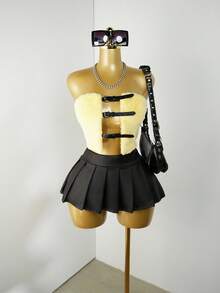 BamGleam Women's Buckle Design Hollow-Out Fluffy Sexy Cropped Tube Top - Yellow - View 4