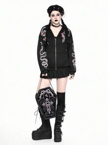 ROMWE Gothic Style Snake & Floral Print Women Hoodie With Thermal Lining - Black - View 8