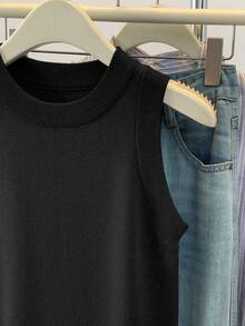 Women's Casual Solid Color Sleeveless Knit Top - Black - View 5