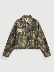 ROMWE MEN Grunge Punk Men's Autumn Leopard Print Single-Breasted Casual Loose Denim Jacket - Brown - View 1