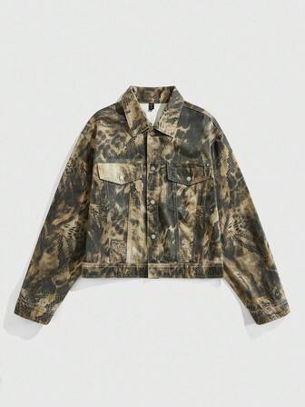 Street Life Veste en jean décontractée, ample et à simple boutonnage avec imprimé léopard pour homme, pour l'automne