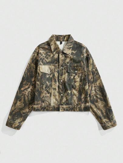 Street Life Giacca di jeans casual, monopetto, con stampa leopardata, per uomo, autunnale