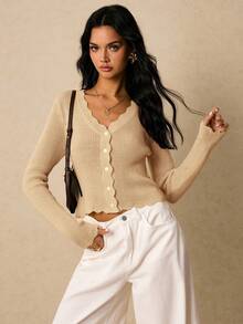 Poéselle Áo len dài tay đơn giản, tối giản, màu trơn dành cho nữ vào mùa thu/đông - Màu be - Xem 7