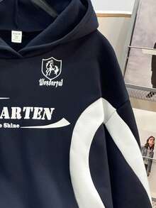 SHEIN Teen Girl Colorblock Letter Print Pattern Loose Casual Hoodie Sweatshirt,In Fall/Winter