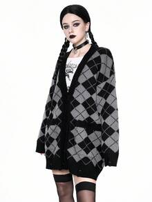 ROMWE Academia 女式菱形拼色V领宽松学院风针织开衫，秋冬款 - 灰色 - 查看 2