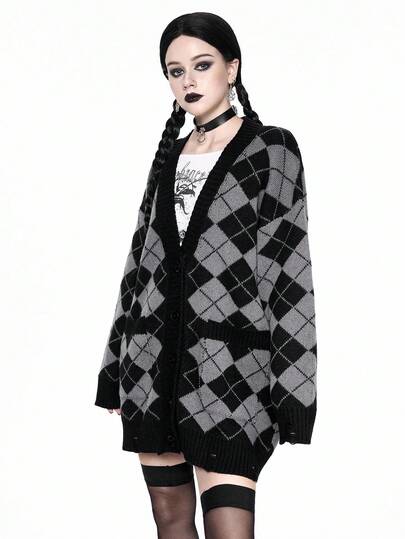 Academia Cardigan en tricot style collège avec col en V et blocs de couleurs en losange pour femmes, automne/hiver