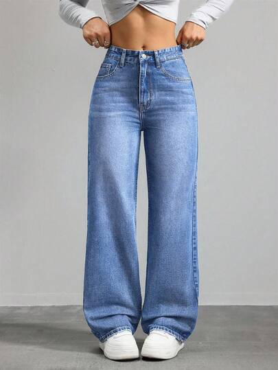 Jeanoix Women's Pocket Loose Wide Leg Casual Versatile Denim Pants