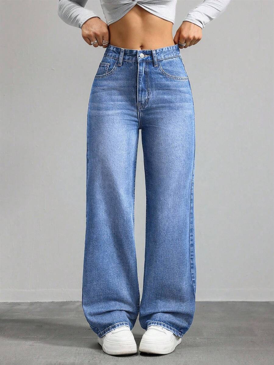 Jeanoix 女士口袋宽松阔腿休闲百搭牛仔裤 - 淺色水洗藍 - 查看 1