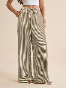 SHEIN Tall Calças listradas femininas com ajuste solto e cordão Calças listradas Calças listradas de perna larga Calças de perna larga Calças femininas de perna larga Calças de verão, outono