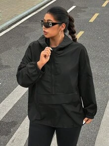 SHEIN EZwear 大码女式休闲纯色拉链半拉链连帽夹克 - 深灰色 - 查看 3