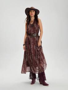 Styleloop CUCCOO Women's Pointed Toe Chunky Heel Fringe Studded Western Mid-Calf Boots - Burgundy - View 6