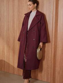 Glisette Manteau long minimaliste élégant à coupe droite de couleur unie à manches longues pour femmes, automne/hiver - Rouge foncé - Voir 8