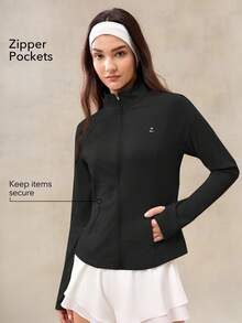 OutZeal 女士防紫外线凉爽触感修身立领拉链口袋防晒夹克女士骑行健身 - 黑色 - 查看 4