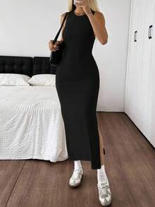 SHEIN EZwear 女式黑色针织露背紧身无袖连衣裙 - 黑色 - 查看 6