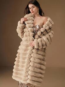 Anewsta 新款秋冬人造毛皮长款大衣，时尚女式人造兔毛夹克 - 米色 - 查看 3