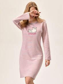 EURMUSE Women PLUS CURVE Cotton Rib Knit With Contrast Colour Binding With Cat Embroidery Detail Round Neck Long Sleeve Homewear Sleep Pajama Dress - Multicolor - View 5