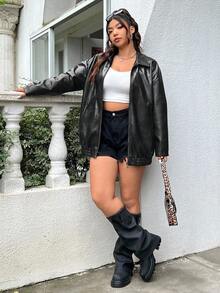 SHEIN EZwear Plus Size Distressed PU Leather Loose Fit Jacket, For Winter Fall Autumn