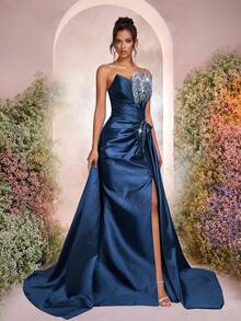 Glamrae 优雅串珠花卉设计露肩美人鱼长裙，喇叭下摆，适合婚礼、派对、度假、庆典、正式活动（重度装饰） - 藏蓝色 - 查看 6