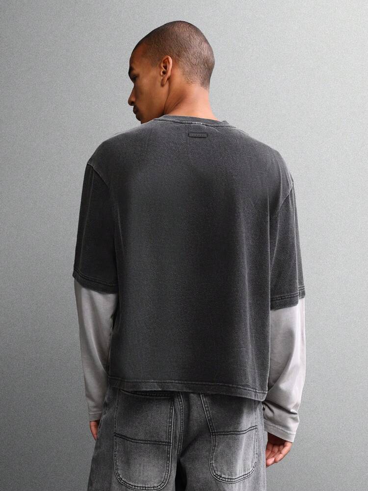 Washed Cotton Layered T-Shirt With Drop Shoulder