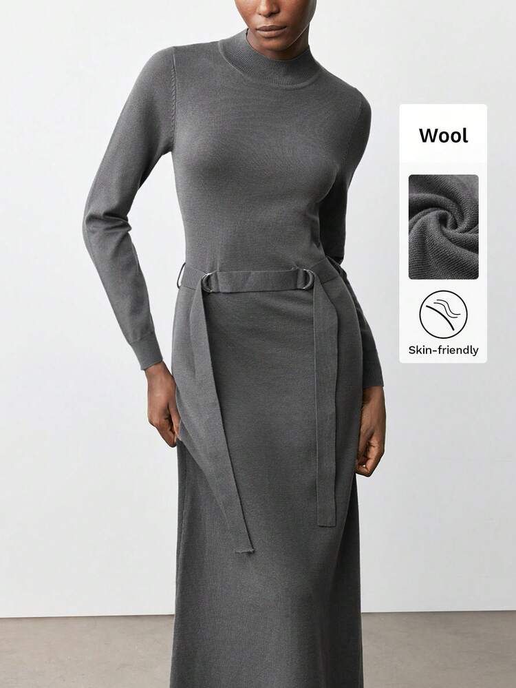 SHEIN Maija 2025 Women's Stand Collar Metal Buckle Waist A-Line Knitted Dress Fall Clothes For Women , Fall Outfits Women , Halloween, Elegant, Goth, Wool Sweater Dress,Old Money Style,Business Casual Outfits Women,Belted Design,Long Sleeves,Classic And Wearable Sweater Dress