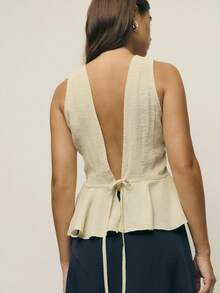 Nöista Sage Green Summer Elegant Vacation Holiday Women's V-Neck Ruched Waist Top With Covered Buttons,Flowy Peplum Hem Textured Boho Luxury Party Wedding - Apricot - View 2