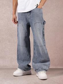 Pantalones vaqueros de pernera ancha y holgada de carpintero SUMWON con múltiples bolsillos para herramientas, pantalones de trabajo clásicos de mezclilla para otoño e invierno, cómodos y casuales de color liso - azul real - Ver 1