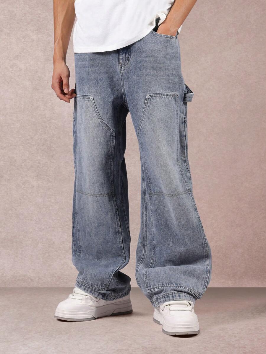 Pantalones vaqueros de pernera ancha y holgada de carpintero SUMWON con múltiples bolsillos para herramientas, pantalones de trabajo clásicos de mezclilla para otoño e invierno, cómodos y casuales de color liso - azul real - Ver 1