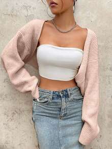 EURMUSE Y2K Grunge Drop Shoulder Open Front Crop Cardigan Without Tube Top - Coral Pink - View 3