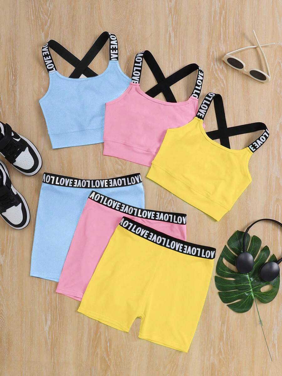 SHEIN 6pcs Young Girl Solid Color Knit Patchwork Letter Tape Sports Set - Blue - View 1