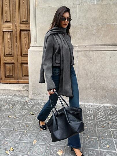 Aloruh 女士夹克，灰色拼接PU设计，休闲通勤外套，短款上衣搭配围巾披肩，秋冬灰色短款夹克，灰色超大围巾，女士外套，黑色滚边灰色夹克，现代灰色夹克，女士秋季服装，女士冬季服装，秋季女装，秋季服装，秋季服装，万圣节服装，女士冬季服装，女士秋季穿搭