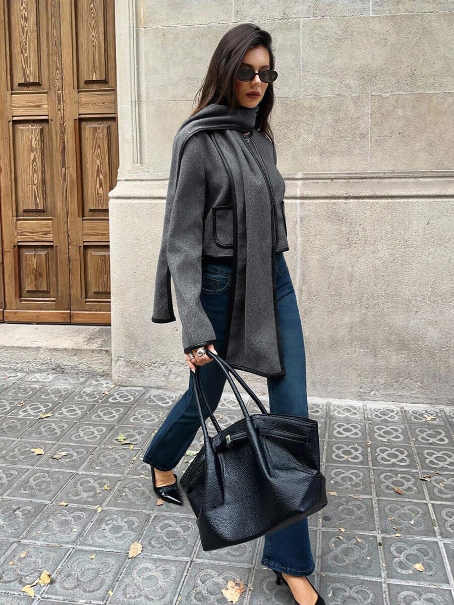 Aloruh 女士夹克，灰色拼接PU设计，休闲通勤外套，短款上衣搭配围巾披肩，秋冬灰色短款夹克，灰色超大围巾，女士外套，黑色滚边灰色夹克，现代灰色夹克，女士秋季服装，女士冬季服装，秋季女装，秋季服装，秋季服装，万圣节服装，女士冬季服装，女士秋季穿搭 - 深灰色 - 查看 1