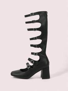 CUCCOO DOLLMOD Women's Square Toe Chunky Heel Fashion Tall Boots, Black Leather With Strap Decor For Christmas Spring Shoes - Black - View 2