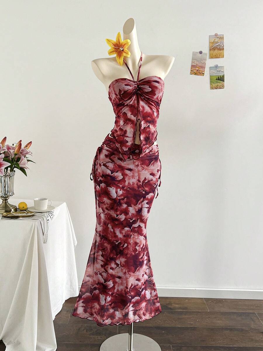 Soleia 春夏度假优雅新款露肩无袖印花网眼上衣和百褶裙两件套 - 彩色 - 查看 1