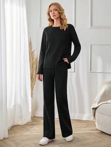 SHEIN Tall 高码低开衩T恤和喇叭裤套装 - 黑色 - 查看 3