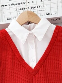 2 件套 Tween 女童樱桃刺绣牛仔裤搭配假日撞色二合一上衣，适合秋冬、假日、夏季、旅行的休闲装 - 酒紅色 - 查看 7