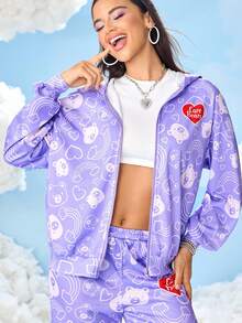 SHEIN X Care Bears Women's Cartoon Bear Pattern Hooded Long Sleeve Jacket - Purple - View 2