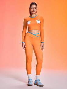 Gameset SHEIN Sport Women's Halloween Ghost & Spider Web Graphic Long Sleeve Sports T-Shirt,Orange And White,Autumn,Athleisure,Gym Workout Yoga Top Activewear Fitness Set - Orange - View 7