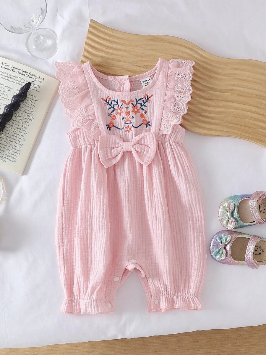 SHEIN 女宝宝夏季韩版休闲刺绣花朵荷叶边连体衣