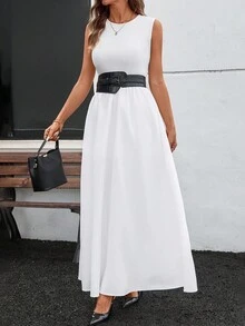 Zolique Women's Solid Color Round Neck Sleeveless Casual Commuter Dress - White - View 5