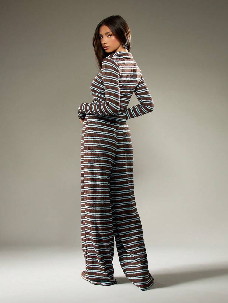 MISSGUIDED Women Ribbed Knit Two Pieces Loungewear Matching Set Co Ord Long Sleeve Top Wide Leg Pants Fall Winter Outfit Casual Drawstring Waist