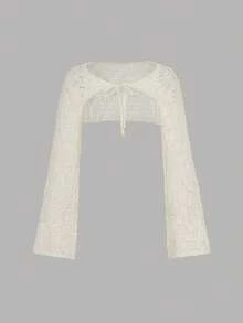 SHEIN MOD Apricot Lace Up Knitted Hollow Bell Sleeve Cardigan, Vacation Cardigan, Bohemian Cardigan, Beach Cardigan, Women's Country Wear, Spring Cardigan Jacket