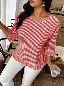 Weeklong Plus Size Women Casual Plaid Ruffle Trim 3/4 Sleeve Shirt - Red - View 1