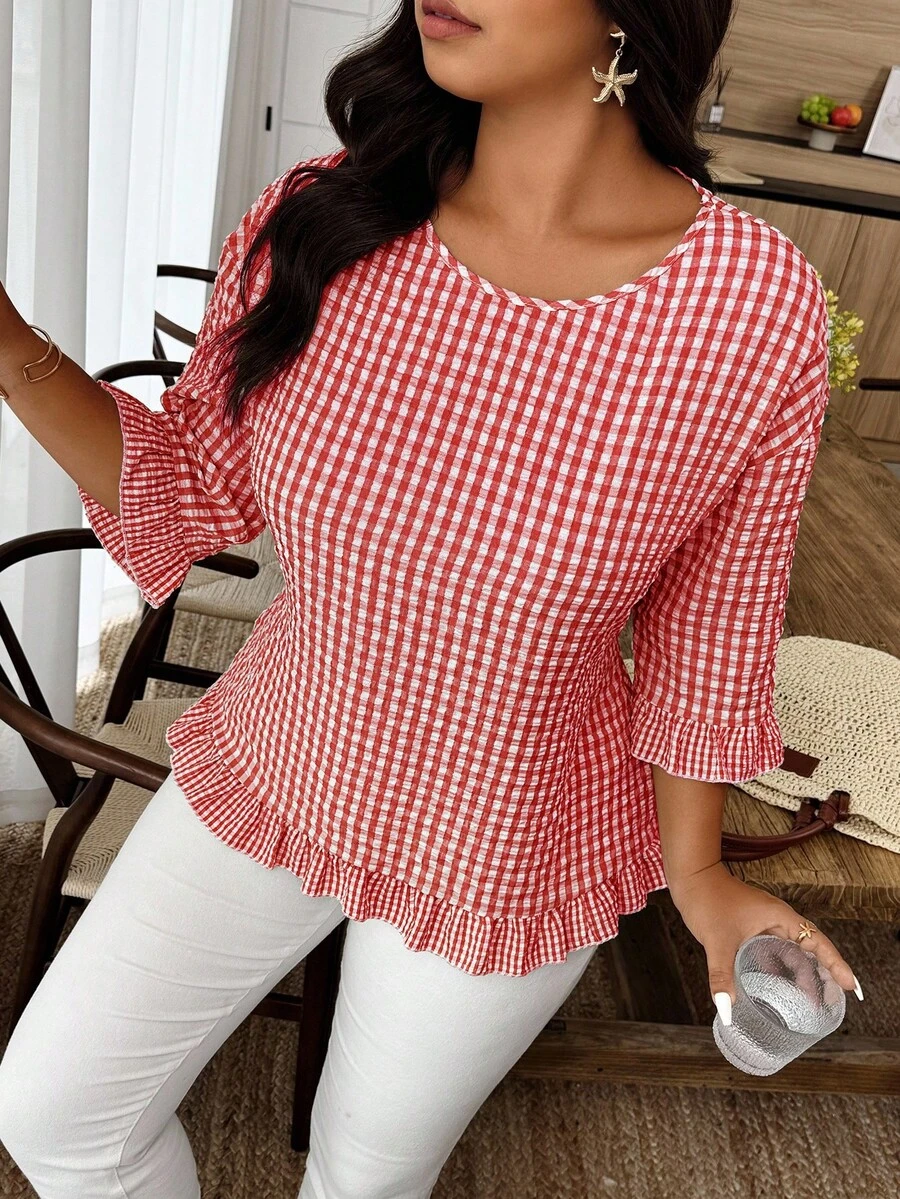 Weeklong Plus Size Women Casual Plaid Ruffle Trim 3/4 Sleeve Shirt - Red - View 1