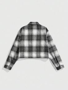 ROMWE MEN Street Life Sobretudo xadrez curto bordado cruzado masculino, corte solto, outono inverno - Preto e Branco - Ver 8