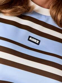 AiiRZ 复古超大号短款 T 恤条纹宽袖夏季休闲街头服饰节日上衣青少年 Y2K 90 年代时尚宽松短款 T 恤 - 霧霾藍 - 查看 4