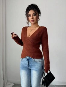 Elenzga Women's Loose V-Neck Wrap Front Sweater - Rust Brown - View 4